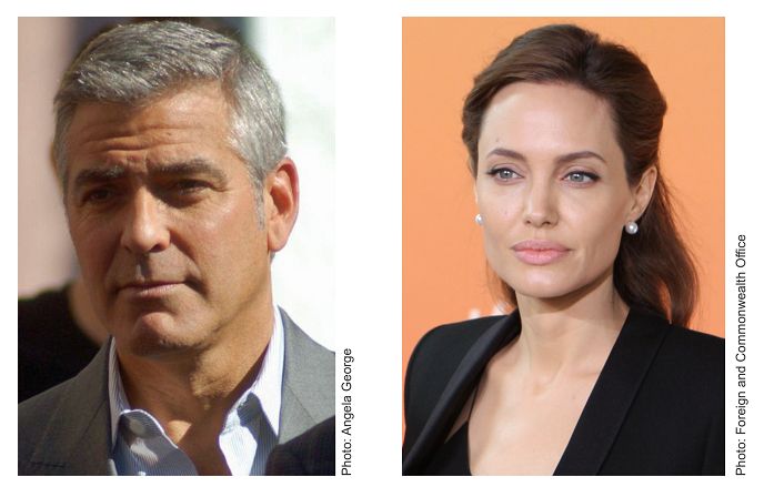 George Clooney and Angelina Jolie. Photo Clooney by Angela George [CC BY-SA 3.0](https://upload.wikimedia.org/wikipedia/commons/3/32/GeorgeClooneyHWoFJan12.jpg). Photo Jolie by Foreign and Commonwealth Office [CC BY 2.0](https://upload.wikimedia.org/wikipedia/commons/a/ad/Angelina_Jolie_2_June_2014_%28cropped%29.jpg), via Wikimedia Commons.